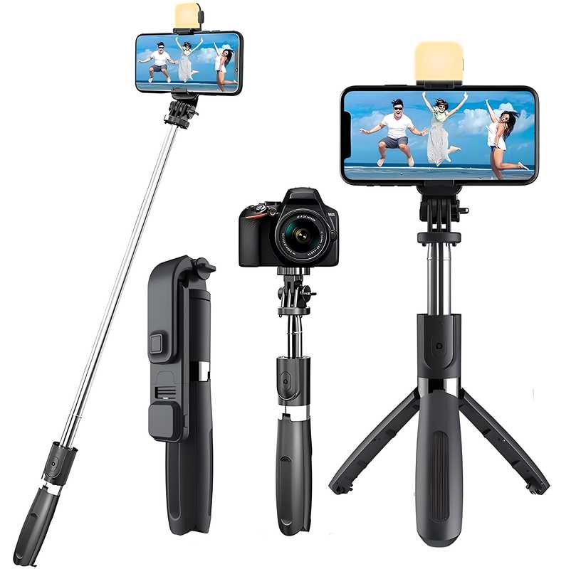 Extendable Flash 3 - in - 1 Selfie Stick Tripod with Bluetooth Remote - Wishlect