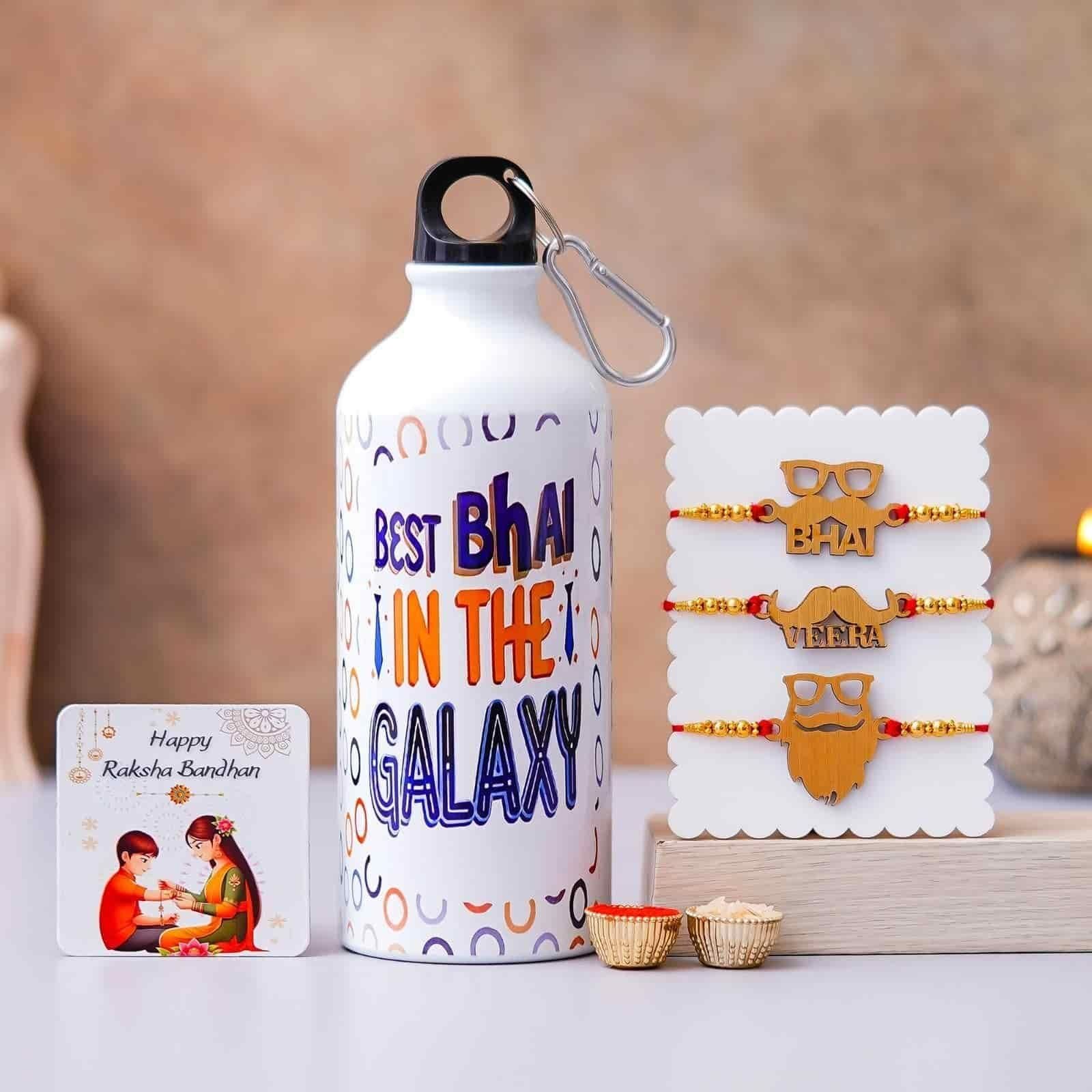 Best Bhai in the Galaxy Bottle with 3 Rakhis - Wishlect